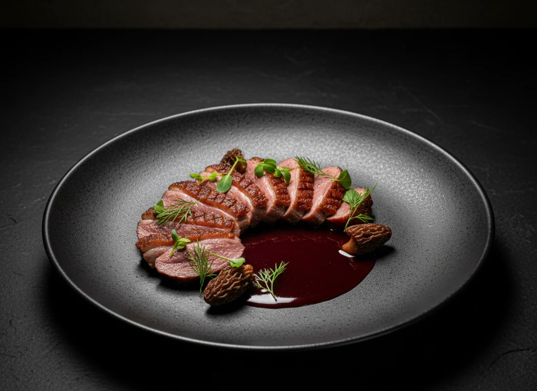 Ember tasting menu plated course, wood-fired duck